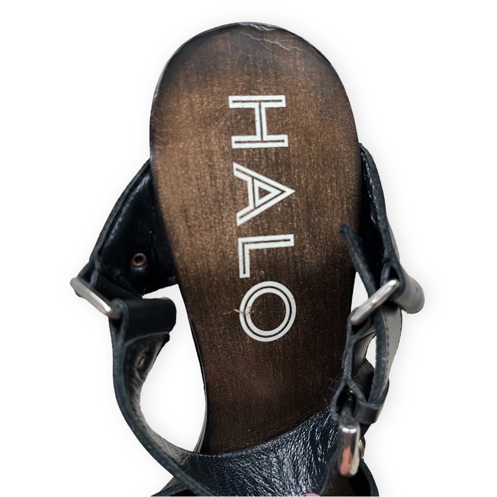 HALO Brand Wooden Heel Black Leather Sandals Mules, sz 7, Made in Italy - Picture 4 of 14